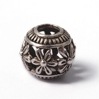 Tibetan Style Alloy Large Hole European Beads, Rondelle with Flower Pattern, Antique Silver, 14x13mm, Hole: 5.5mm.  (Packed 5 Beads)