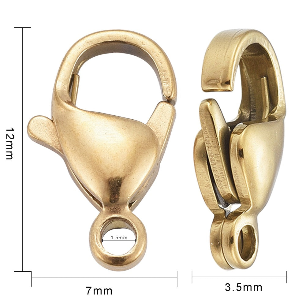 304 Stainless Steel Lobster Claw Clasps, Golden, 12x7x3.5mm, Hole
