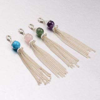 Silver Color Plated Iron Chains Tassel with 8mm Gemstone Beads and Alloy Lobster Claw Clasps, 95x10.5mm.  *See Drop Down for Stone Choice