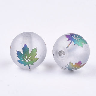 Glass Bead (Round)  Frosted Rainbow Electroplated with Maple Leaf Pattern.  (8mm).   (20 Beads) *See Drop Down for Color Options