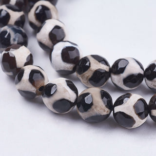 Natural Agate Beads Strands, Dyed, Faceted, Round, Black/ Cream (Giraffe Style Pattern), 8mm, Hole: 1mm; (approx 50 Beads)