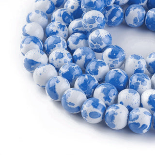 Glass (10mm) Round  White with Smoky Blue Splatter  (approx 40 Beads per Strand)