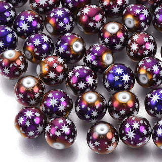 Holiday, Christmas, Winter Electroplate Glass Beads, Round with Star Pattern (See Drop Down for Options), 10mm, Hole: 1.2mm.  (10 Beads per Strand)