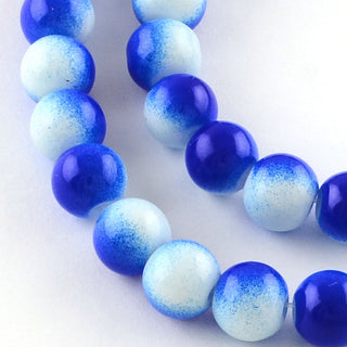 Glass Beads (Round)  Two Tone Blue/ White.  8mm *Approx 50 Beads
