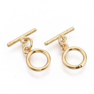 Brass Toggle Clasps, with Jump Rings, Nickel Free, Ring, Real 18K Gold Plated, Ring: 12x9x1.5mm, Hole: 1.2mm, Bar: 12.5x1.5mm, Hole: 1.2mm, Jump Ring: 5x0.8mm.  *(Packed 2)