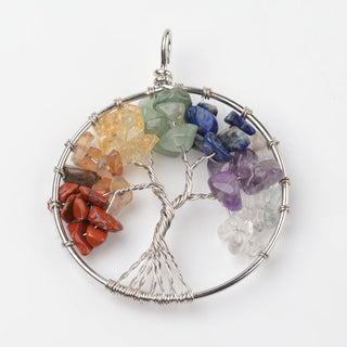 Tree of Life Mixed Stone Big Pendant, with Brass Findings, Platinum, 63x51x8mm, Hole: 4mm (Multi  Color)  Sold Individually.  Chakra Colors