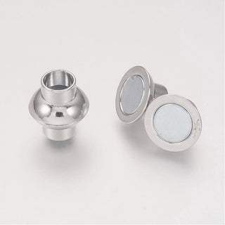 Glue In Brass Magnetic Clasps, Nickel Free, Rondelle, Platinum, 15x12mm, Hole: 6mm.  (Packed 2 Clasps)