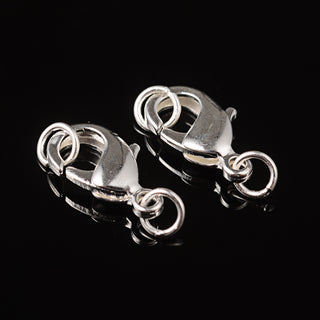 Brass Lobster Claw Clasps, Lead Free , Nickel Free, Silver Metal Color, Size:about 9mm wide, 15mm long, hole: 4.8mm, jumpring: 5mm in diameter, 0.8mm thick  *(Packed 10)
