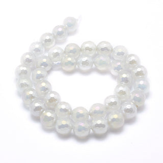 Electroplated Natural Agate, Round, Faceted, White, 10mm, Hole: 1mm; (Approx 40 Beads)
