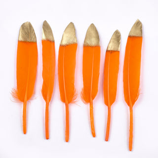 Goose Feather, Dyed Orange, Tip Dipped in Gold Paint, Coral, 128~165x17- 25mm
