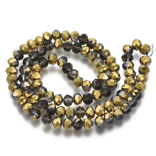 Electroplate Opaque Glass Beads Strands, Half Golden Plated, Faceted, Rondelle, Smoke.  (See Drop Down for Size Options)