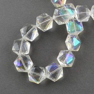 Electroplate Glass Bead Strands, Faceted, Hexagon, AB Plated over Clear, 16x14x9mm, Hole: 1mm, approx 30 beads