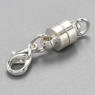Brass Magnetic Clasps, with Lobster Claw Clasps, Column, Silver, 25x6mm.  Packed 2 Clasps.
