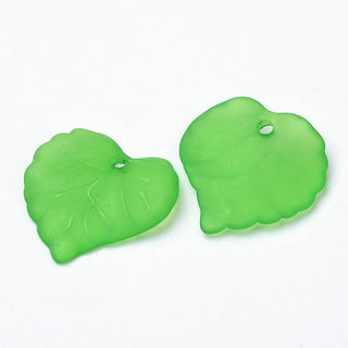 Transparent Acrylic Charms, Frosted, Leaf, Green, Dyed, about 16mm long, 15mm wide, 2mm thick, hole: 1.2mm, Packed 25 Leafs)