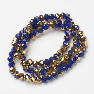 Electroplate Opaque Glass Beads Strands, Half Golden Plated, Faceted, Rondelle, Prussian Blue, 6x5mm, Hole: 1mm; (approx 90 Beads)