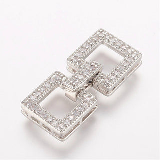 Brass Micro Pave Cubic Zirconia Fold Over Clasps, Square, Platinum, 25x11x4.5mm, Hole: 0.5mm