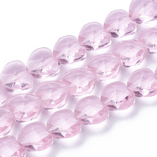 Transparent Glass Beads, Faceted, Heart, Pink, 14x14x8.5mm, Hole: 1mm, 10 beads.