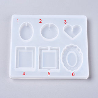 Pendant Silicone Molds, Resin Casting Molds, For UV Resin, Epoxy Resin Jewelry Making, Rectangle & Heart & Oval & Flat Round, White, 90x80x7.5mm. Sold Individually.