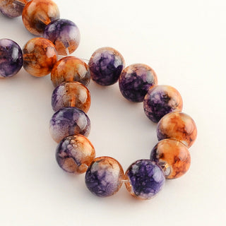 Glass Round (Browny/Orangey and Purple over White)  15" strand (8 mm Beads)