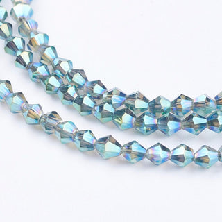 Bicone. Full Electroplated, Faceted, Teal, 3mm x3.5mm, Hole: 1mm; about 150pcs/strand, 18"