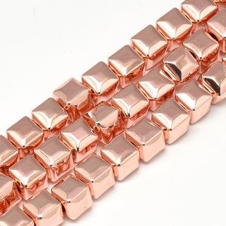 Electroplate Non-magnetic Hematite Beads Strands, Cube, Rose Gold Plated, 6x6x6mm, Hole: 2mm; *Approx 70 Beads.