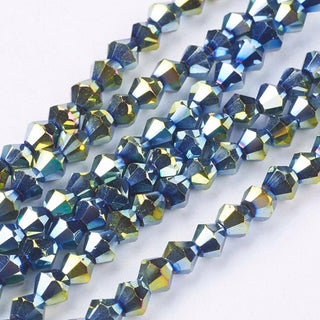 Bicone.  Electroplate Glass Beads Strands, Faceted, Sea Green, 4x4mm, Hole: 1mm; about 104pcs/strand