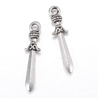Charm. Sword.  Sword, Antique Silver, 23 x5 x2mm, Hole: 2mm.  Sold Individually or in Bulk (See DropDown)