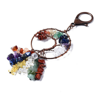 Natural "Chakra" Gemstones, Tree of Life. Keychain with Red Copper Brass Findings & Lobster Clasp, 132~146x50mm