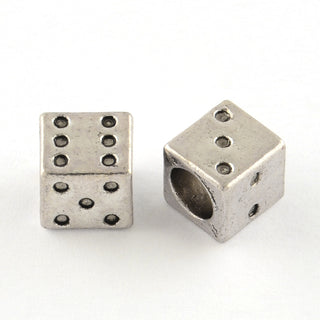 Metal Cube Beads, Dice, Large Hole Beads, Antique Silver, 7.5x7x7mm, Hole: 5mm.  (Packed 15 Beads)