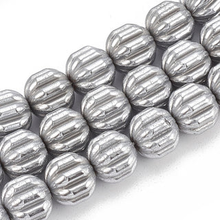 Electroplate Non-magnetic Hematite Corrugated/Pumpkin Beads Strands, Platinum Plated, 8x8mm, Hole: 1mm;  *about 50 Beads.