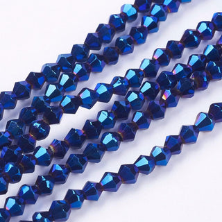 Bicone.  Electroplate Glass Beads Strands, Faceted, Blue, 4x4mm, Hole: 1mm; about 104pcs/strand