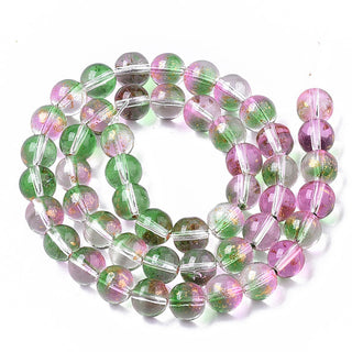 Glass Rounds *Clear, Green and Pink Glass with a Gold Foil Splash.  Round  (8mm) *Approx 50 Beads.