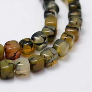 Natural Agate Beads Strands, Dragons Vein Agate, Cube, Olive, 9~10x9~10mm, Hole: 1.5mm, about 39pcs/strand, 16''(41cm)