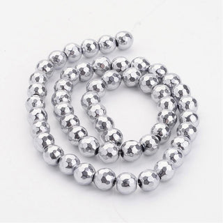 Non-Magnetic Hematite Beads Strands, Grade AA, Faceted, Round, Platinum Silver Plated, Size: 8mm in diameter, hole: 1mm, Approx 50 Beads.