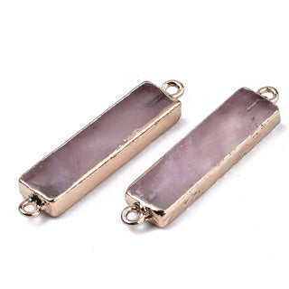 Natural Rose Quartz Links Connector, Light Gold Tone Brass Edge, Rectangle, 38x8.5x4mm, Hole: 1.8mm.  Sold Individually