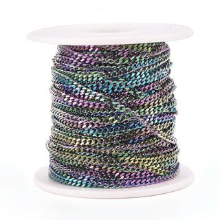Vacuum Plating 304 Stainless Steel Curb Chains, Rainbow, Multi-color, 4x3x1mm; (Sold by the Foot)