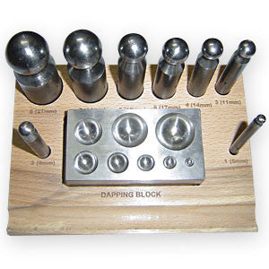 Metal Working Tools, 9 pc. Dapping Set w/ Punches, Block and Wooden Stand - Mhai O' Mhai Beads
