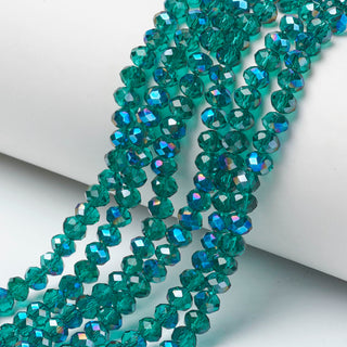Electroplate Glass Beads Strands, Half Plated, Blue Plated, Faceted, Rondelle, Dark Cyan, 6x5mm, Hole: 1mm; about 92 beads