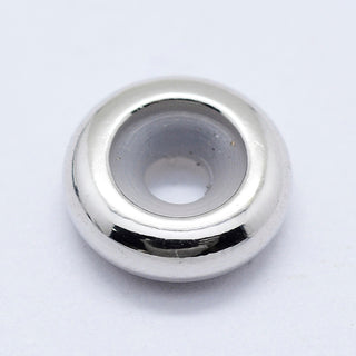 Metal Beads, with Silicone/ Rubber Inside, Slider Beads, Stopper Beads, Rondelle, Platinum, 7x3.5mm, Hole: 2mm.  Packed 5 Beads.