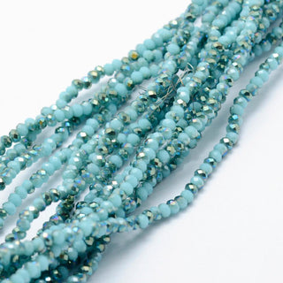 Electroplate Opaque Glass Beads Strands, Half Plated, Faceted, Rondelle, Soft Turquoise Size: about 2.5mm in diameter, 1.5mm thick, hole: 0.5mm; *Approx 200 Beads.