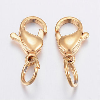 304 Stainless Steel Lobster Claw Clasps, Golden, 13x8x4mm, Hole: 5mm.  with Jump Ring.  (Packed 5 or Bulk)