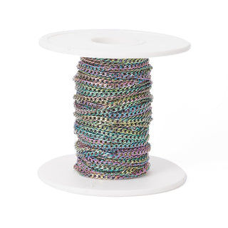 Vacuum Plating 304 Stainless Steel Curb Chains, Rainbow, Multi-color, 3.5x2x0.5mm; (Sold by the Foot)