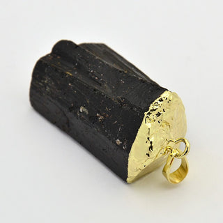 Golden Tone Brass Tourmaline Pendant, Black, 26~46x16~28x11~25mm, Hole: 5x7mm.  Sold Individually.