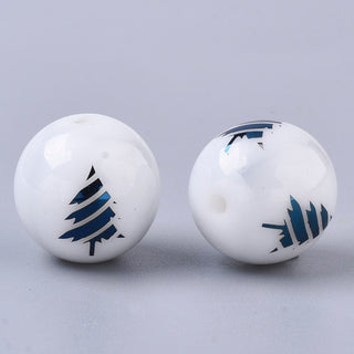 Christmas Opaque White Glass Beads, Round with Electroplated Christmas Tree Pattern, (See Drop Down for Options), 10mm, Hole: 1.2mm.  (10 Beads per Strand)
