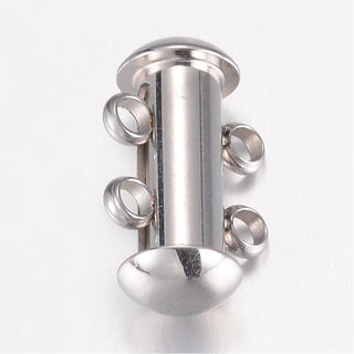 304 Stainless Steel Slide Lock Clasps, 2 Strands, 4 Holes, Tube, Stainless Steel Color, 15x10x6.5mm, Hole: 1.8mm.  (Sold Individually)