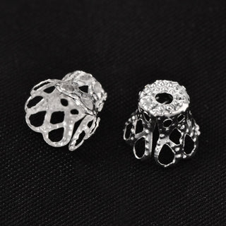 Multi-Petal Filigree Iron Bead Caps, Silver Color Plated, 6.5x8.5mm, Hole: 2mm.  (Packed 25)