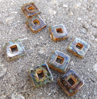 Czech Glass Square Link (Trans Travertine Sand) 11x11mm.  Hole 5mm.  Packed 8 or Bulk - Mhai O' Mhai Beads
 - 1