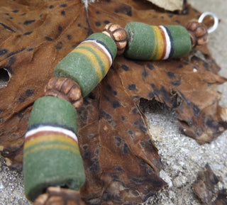 Sand Cast African Recycled Glass (Green Barrel with Yellow, Red, Black  & White Stripes) *3 Beads - Mhai O' Mhai Beads
