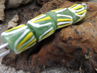 Krobo African Recycled Glass Elbow Beads ( Green with Whiteand Yellow Grass Pattern)   *4 Beads - Mhai O' Mhai Beads
