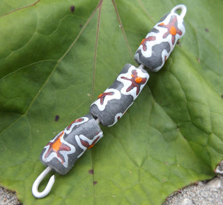 Krobo African Recycled Glass Elbow Beads (Grey with White and Orange Stars)   *3 Beads - Mhai O' Mhai Beads
